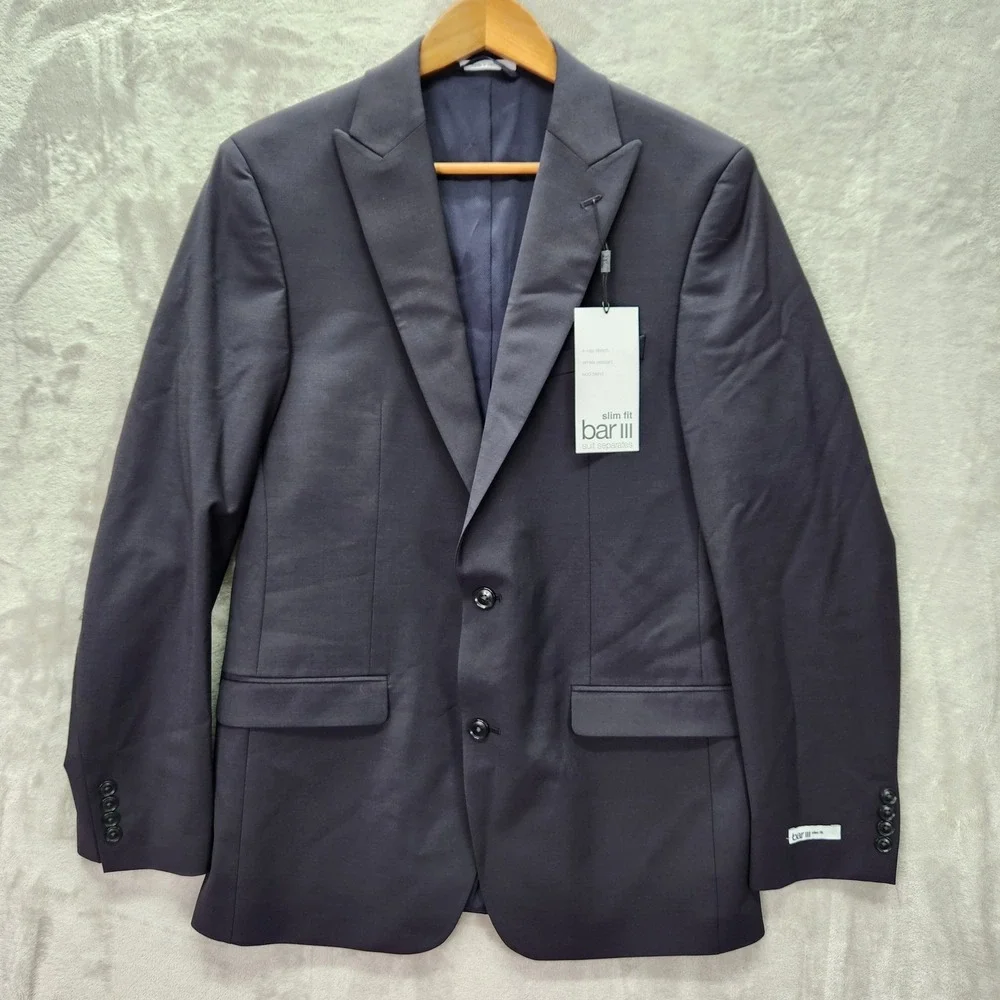 Bar III Blazer Mens 38R 38 Regular Blue Burgundy Slim Fit Wool Blend Jacket New
